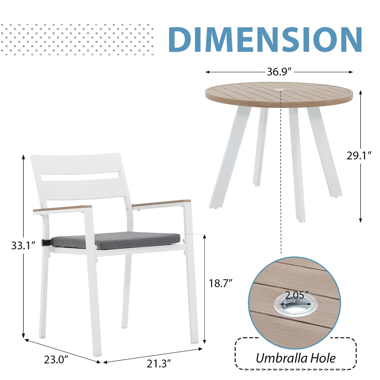 JOIVI Aluminum Patio Furniture Set, 5 Piece Outdoor Conversation Set with Wood Grain Top Dining Table, Stackable Chairs for 4 People, w/2.05” Umbrella Hole, for Deck, Backyard