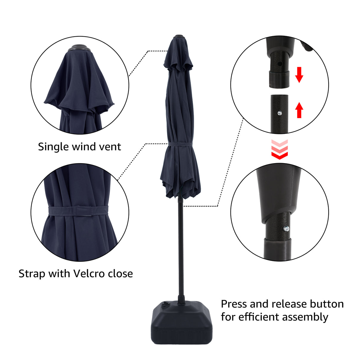 7.5 ft Patio Umbrella with Water or Sand Self-Filled Black Square Base Stand, Outdoor Table Market Umbrella with Push Button Tilt and Crank, 6 Ribs