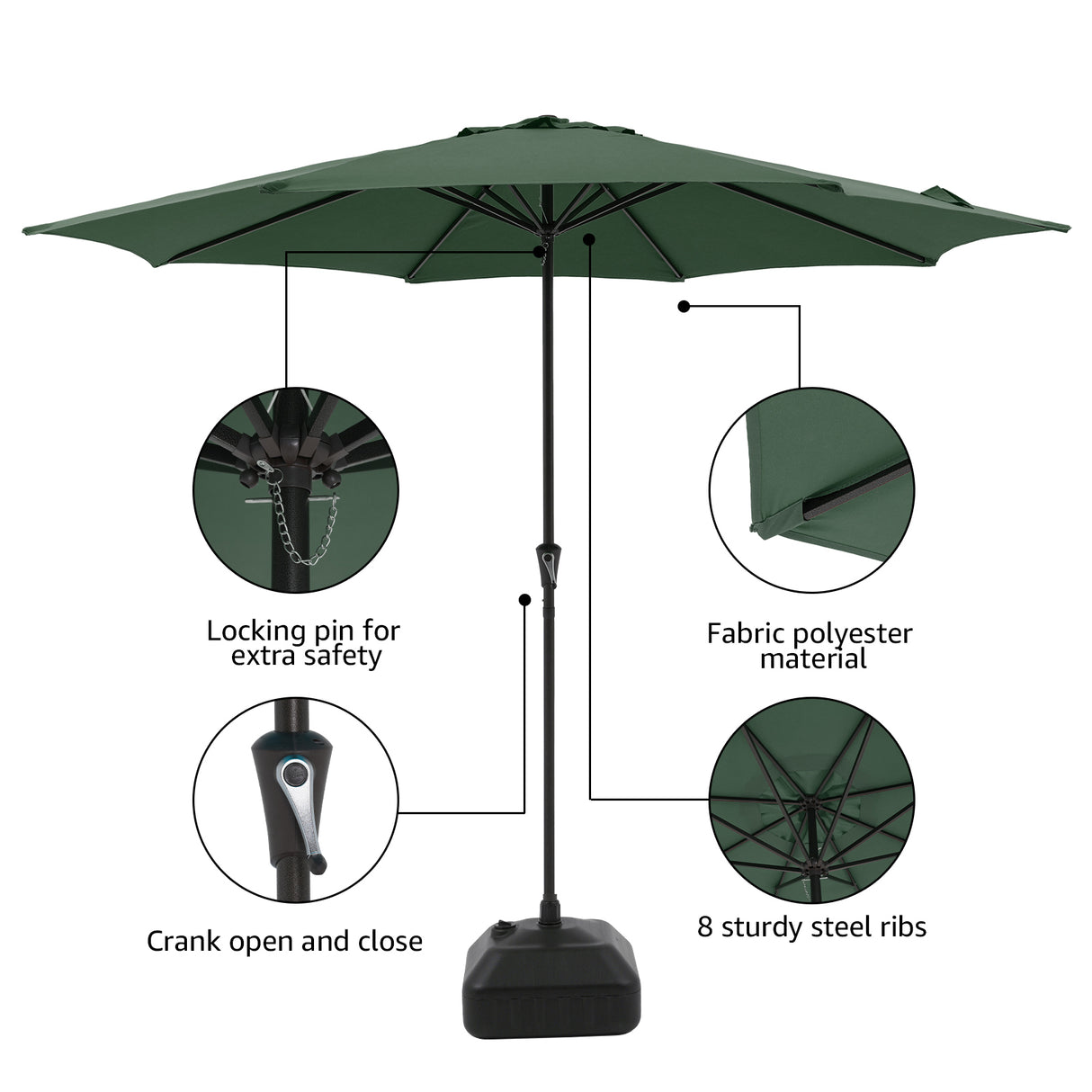 11' Outdoor Patio Table Market Umbrella with Water or Sand Self-Filled Black Square Base Stand, 8 Steel Ribs and Crank