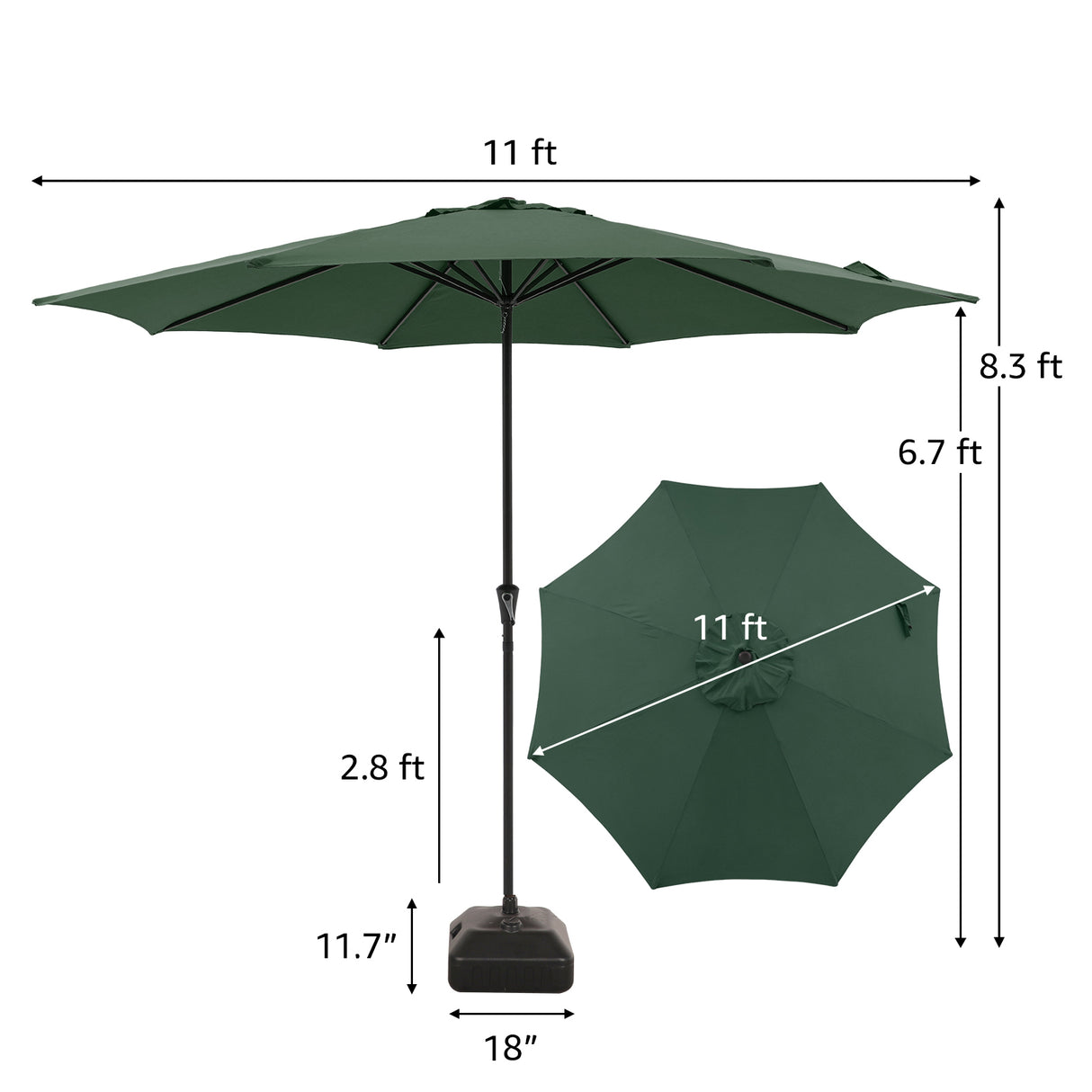 11' Outdoor Patio Table Market Umbrella with Water or Sand Self-Filled Black Square Base Stand, 8 Steel Ribs and Crank