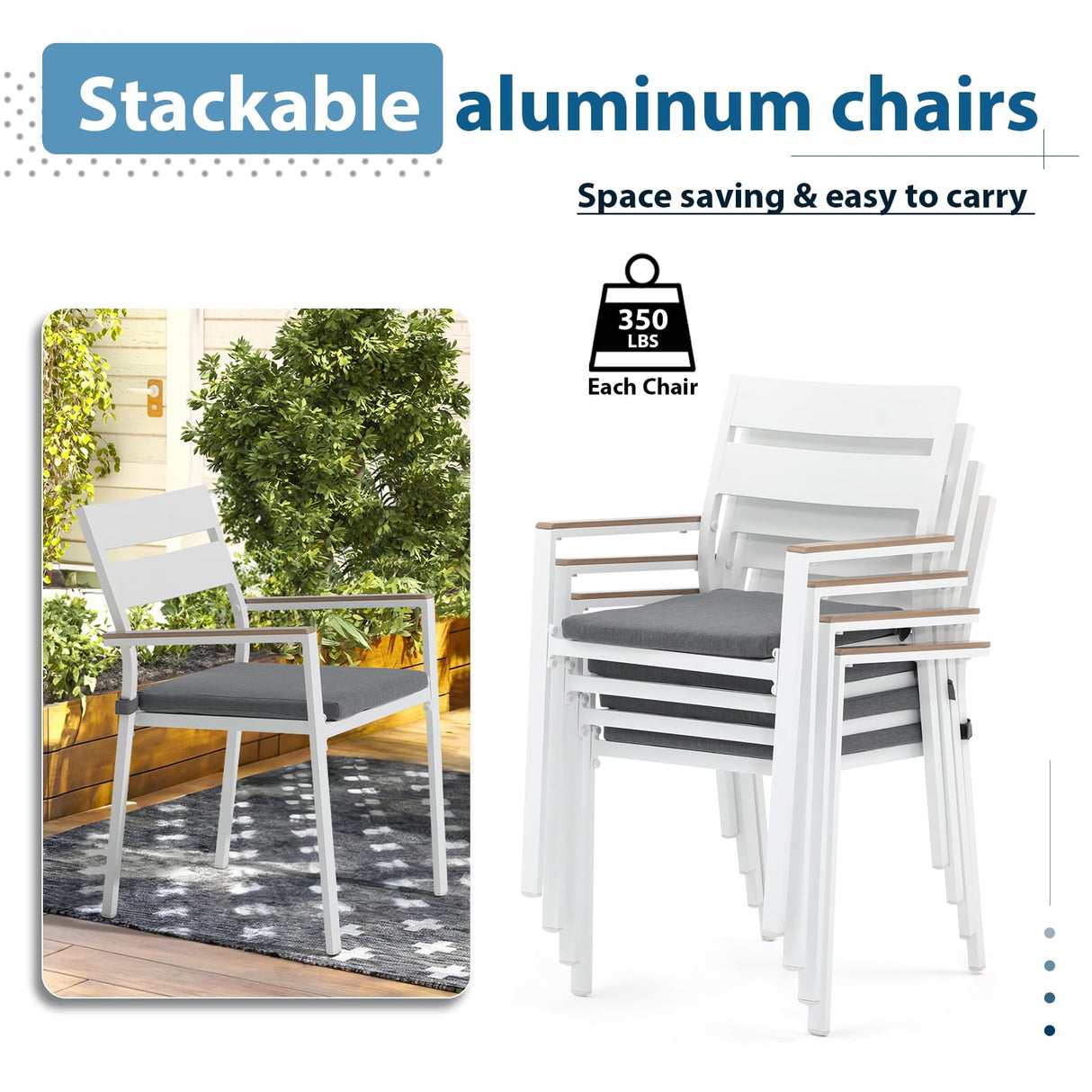 JOIVI Aluminum Patio Furniture Set, 5 Piece Outdoor Conversation Set with Wood Grain Top Dining Table, Stackable Chairs for 4 People, w/2.05” Umbrella Hole, for Deck, Backyard