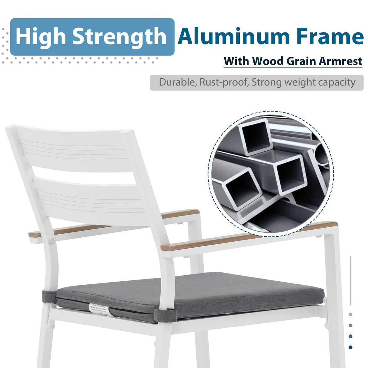 JOIVI Aluminum Patio Furniture Set, 5 Piece Outdoor Conversation Set with Wood Grain Top Dining Table, Stackable Chairs for 4 People, w/2.05” Umbrella Hole, for Deck, Backyard