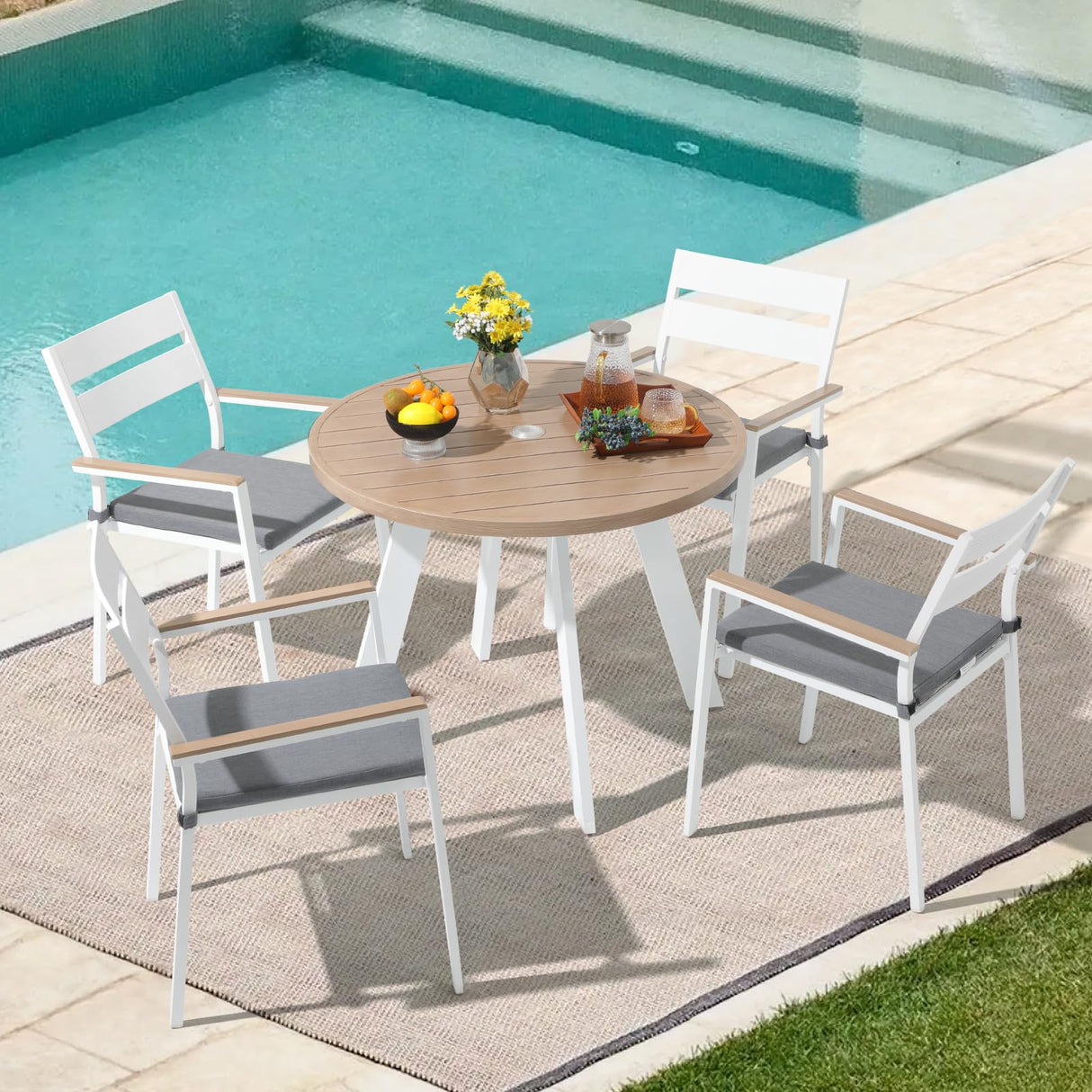 JOIVI Aluminum Patio Furniture Set, 5 Piece Outdoor Conversation Set with Wood Grain Top Dining Table, Stackable Chairs for 4 People, w/2.05” Umbrella Hole, for Deck, Backyard