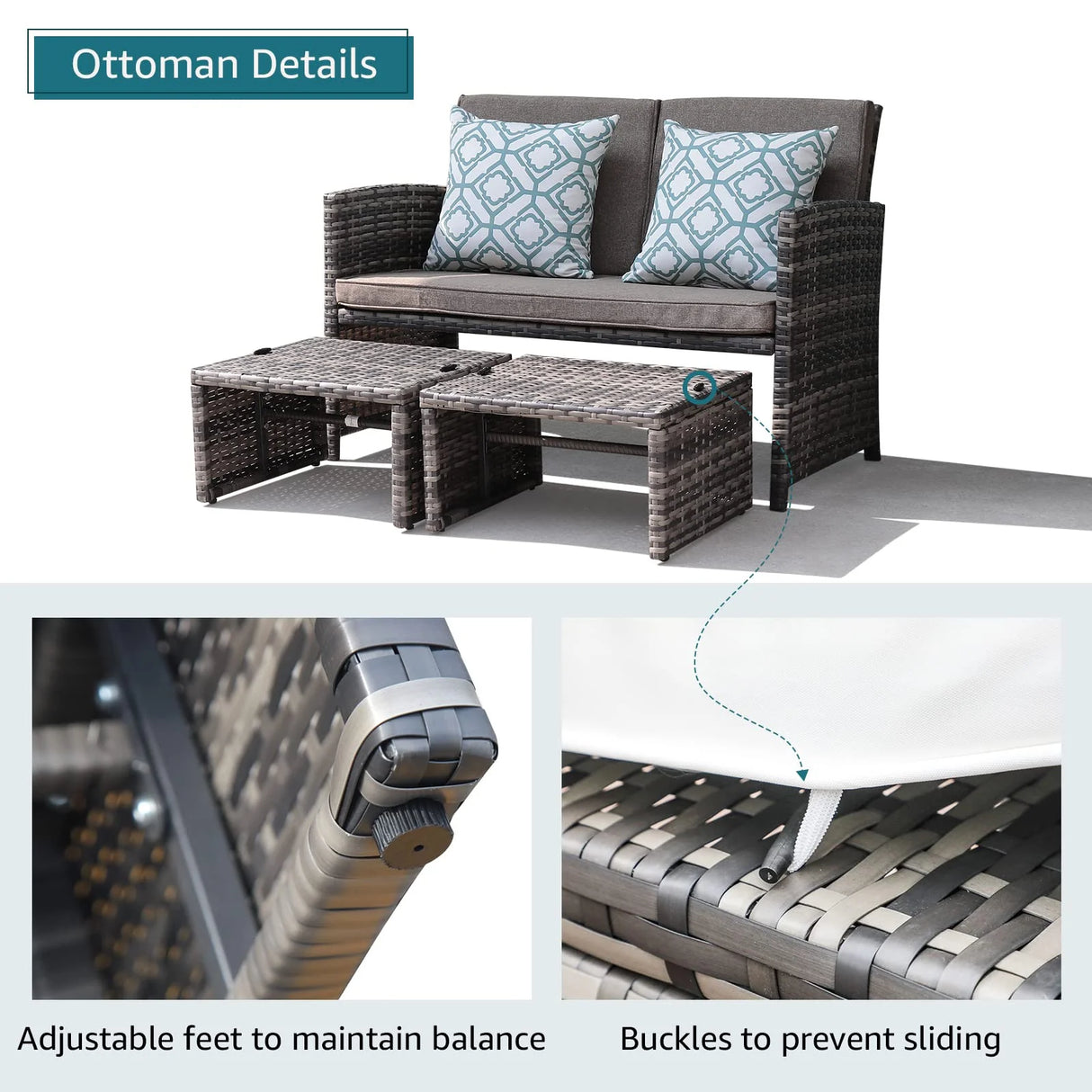 Outdoor Loveseat Patio Furniture Rattan Conversation Set, with Ottoman, Pillows Included, Grey Wicker