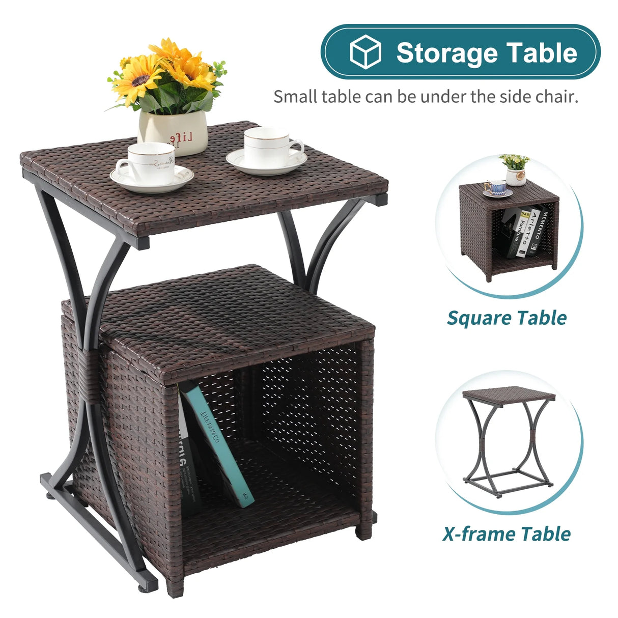 6 Piece Patio Wicker Furniture Set, Rattan Outdoor Chairs, with Cushioned Ottoman, Resin Nesting Table, Modern Design