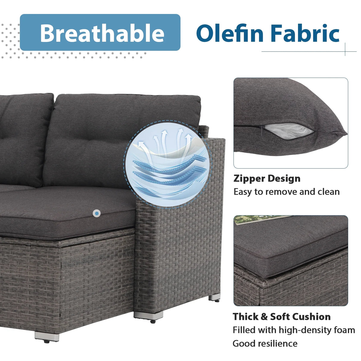 3 Pieces Patio Conversation Set, PE Wicker Rattan Outdoor Furniture Set, 2 Ways Small Sectional Sofa with Cushions, Tempered Glass Coffee Table