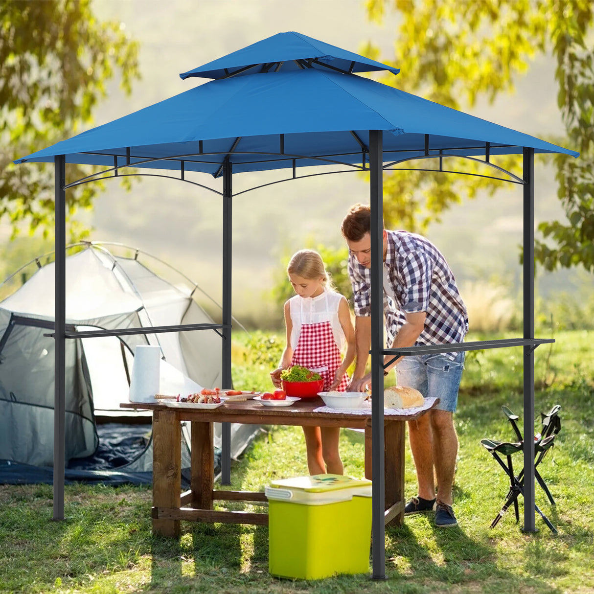 Grill Gazebo 8’by 5’Outdoor Patio Backyard BBQ Grill Shelter Double Tiered Soft Canopy Top with Steel Frame and Bar Counters, Red / Beige / Gray