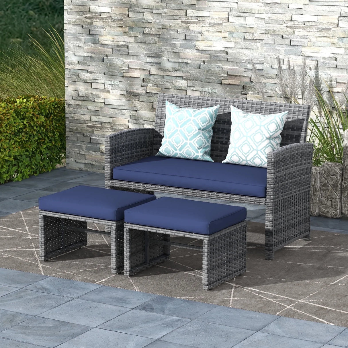 Outdoor Loveseat Patio Furniture Rattan Conversation Set, with Ottoman, Pillows Included, Grey Wicker