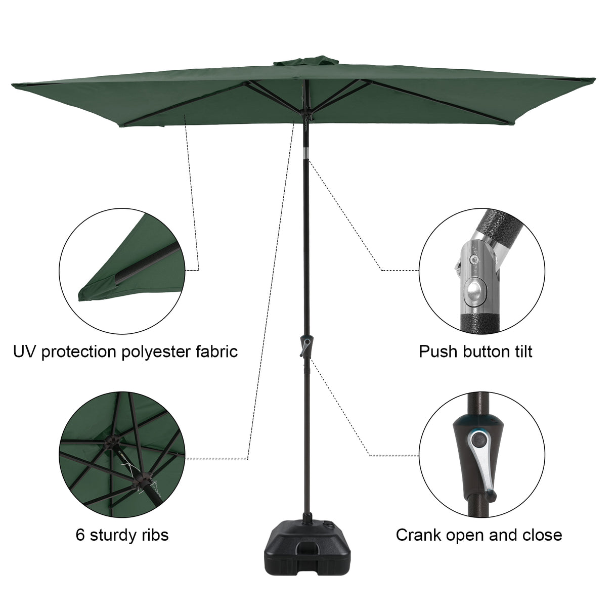 6.6 x 9.8ft Rectangular Patio Umbrella with Water or Sand Self-Filled Black Square Base Stand, Outdoor Table Market Umbrella with Push Button