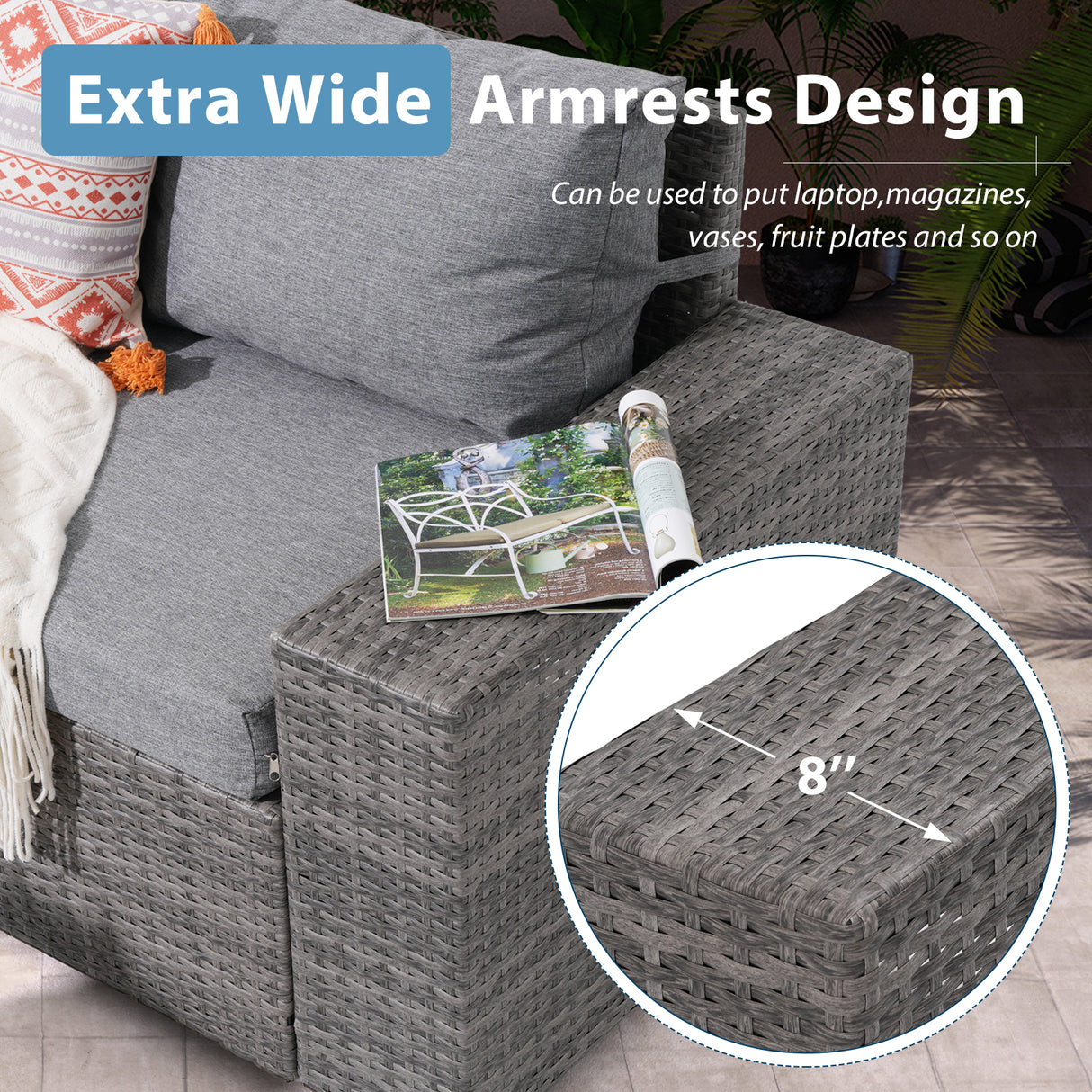 JOIVI 6-Piece Patio Furniture Set, Rattan Outdoor Conversation Set with Coffee Table, Wicker Sectional Sofa Set with Wide Armrest