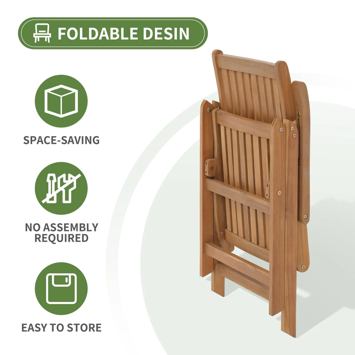 Folding Patio Dining Chair Set of 2, Outdoor Acacia Wooden Reclining Chair w/Armrest & Removeable Cushion, FSC Certified Wood, for Porch, Backyard, Garden, Indoor, No Assembly