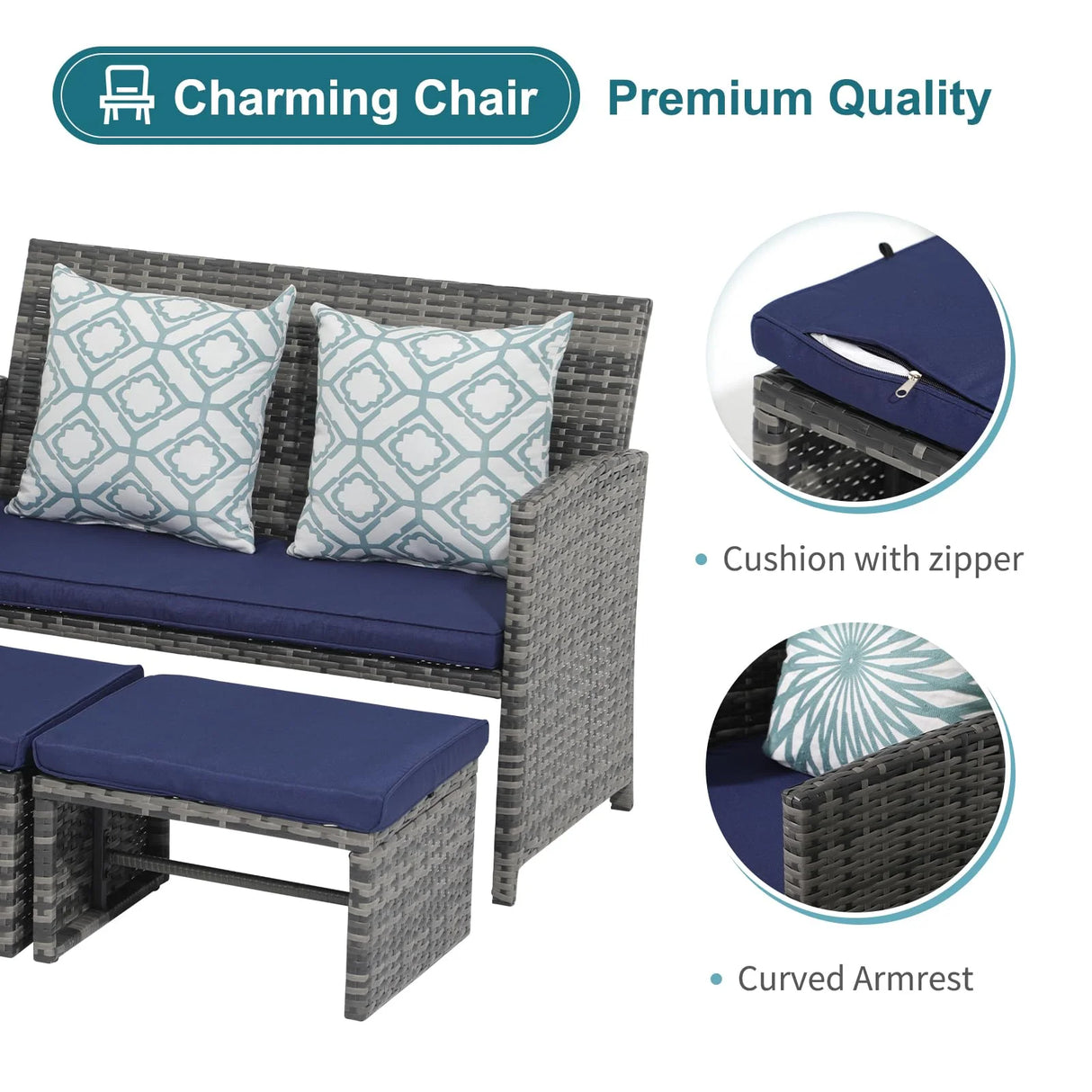 Outdoor Loveseat Patio Furniture Rattan Conversation Set, with Ottoman, Pillows Included, Grey Wicker