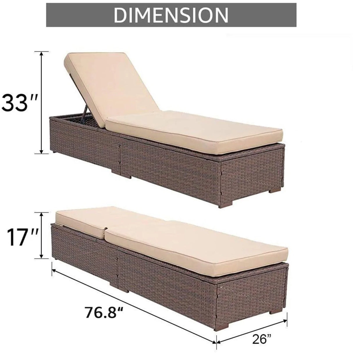 JOIVI Outdoor Chaise Lounge Chairs, Brown Wicker Rattan Adjustable Position Sun Lounger with Removable Beige Cushions- Set of 2