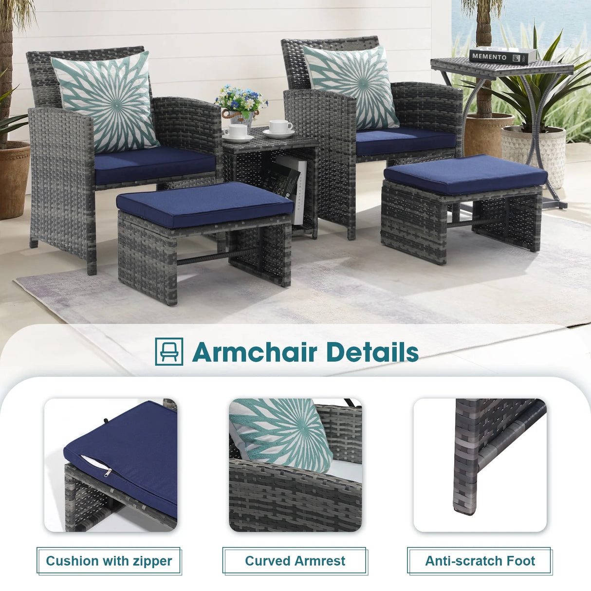 6 Piece Patio Furniture Conversation Set, with Ottoman, Outdoor Grey Wicker Chair and Coffee Table Set