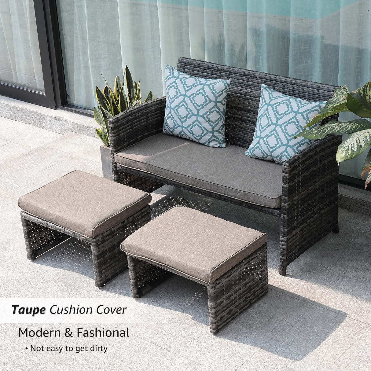 Outdoor Loveseat Patio Furniture Rattan Conversation Set, with Ottoman, Pillows Included, Grey Wicker