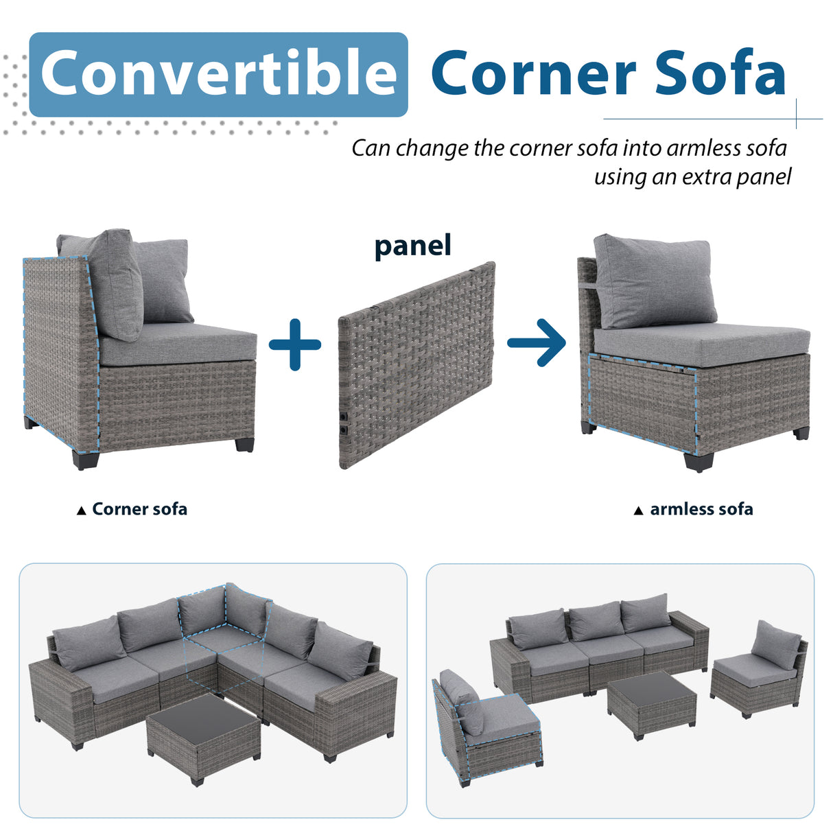 JOIVI 6-Piece Patio Furniture Set, Rattan Outdoor Conversation Set with Coffee Table, Wicker Sectional Sofa Set with Wide Armrest