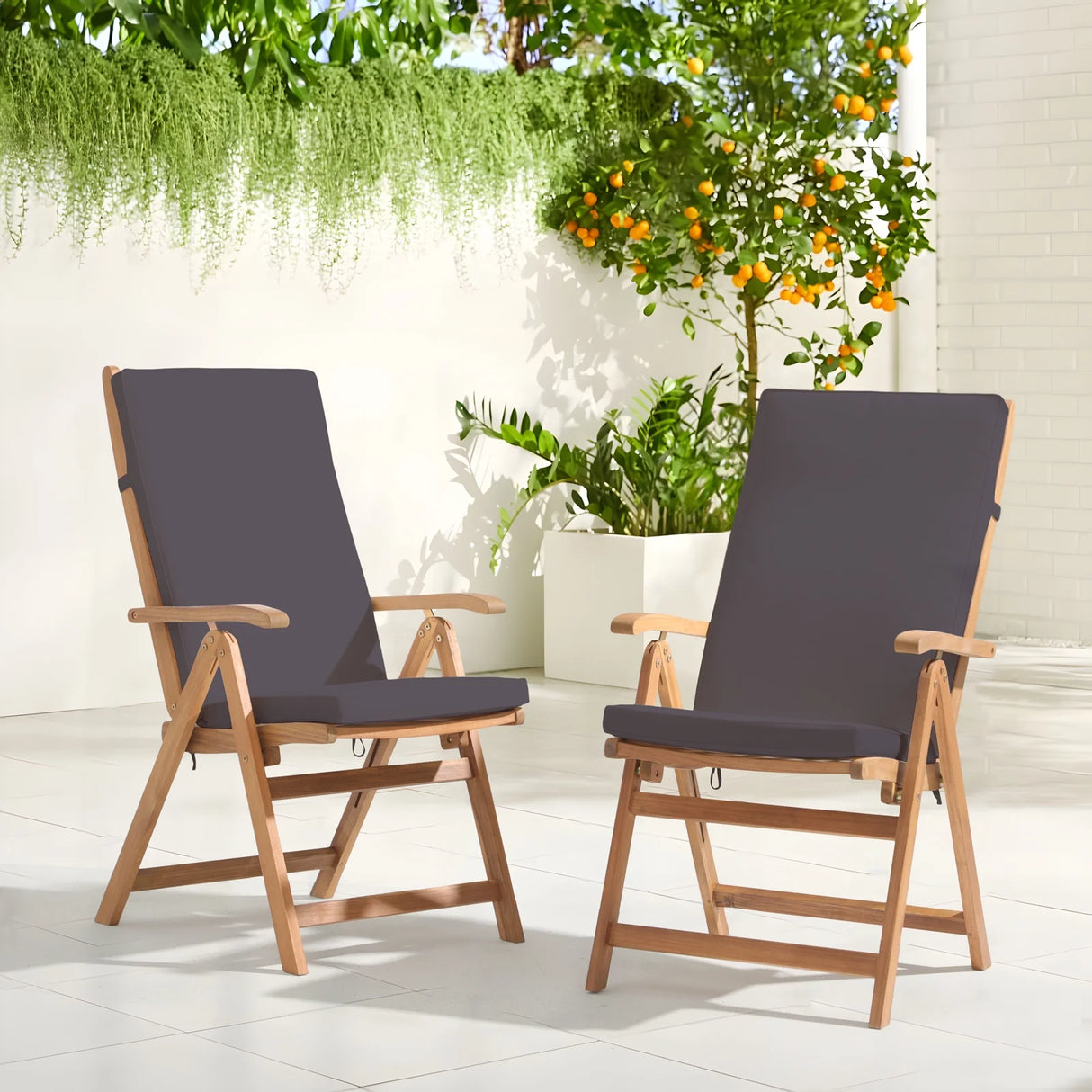 Folding Patio Dining Chair Set of 2, Outdoor Acacia Wooden Reclining Chair w/Armrest & Removeable Cushion, FSC Certified Wood, for Porch, Backyard, Garden, Indoor, No Assembly