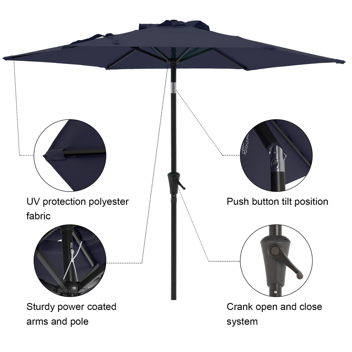 7.5 ft Patio Umbrella Outdoor Table Market Umbrella with Push Button Tilt and Crank, 6 Ribs