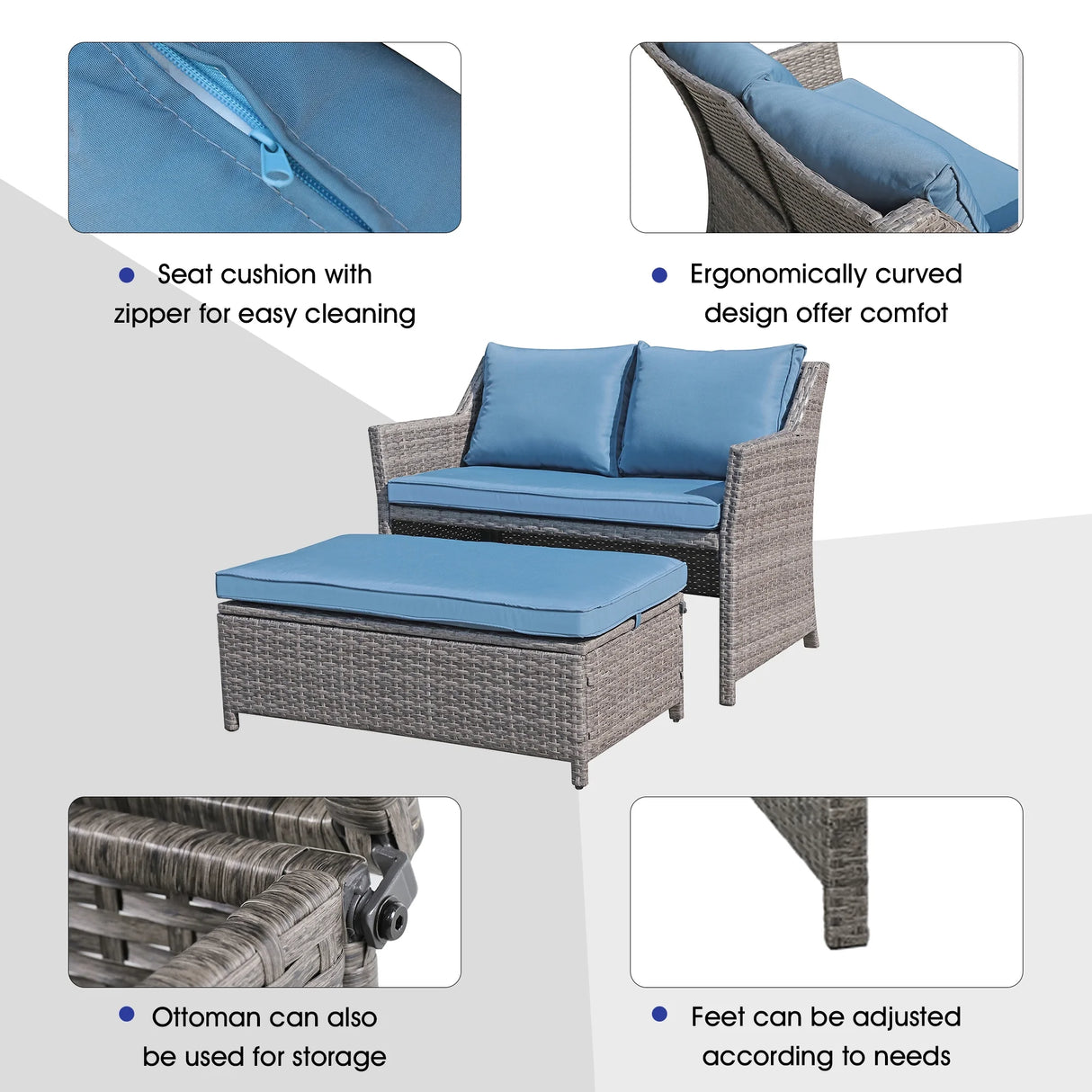 Outdoor Wicker Love Seat and Coffee Table Set, Weather Resistant Rattan, Patio Furniture with Cushions & Storage Bin