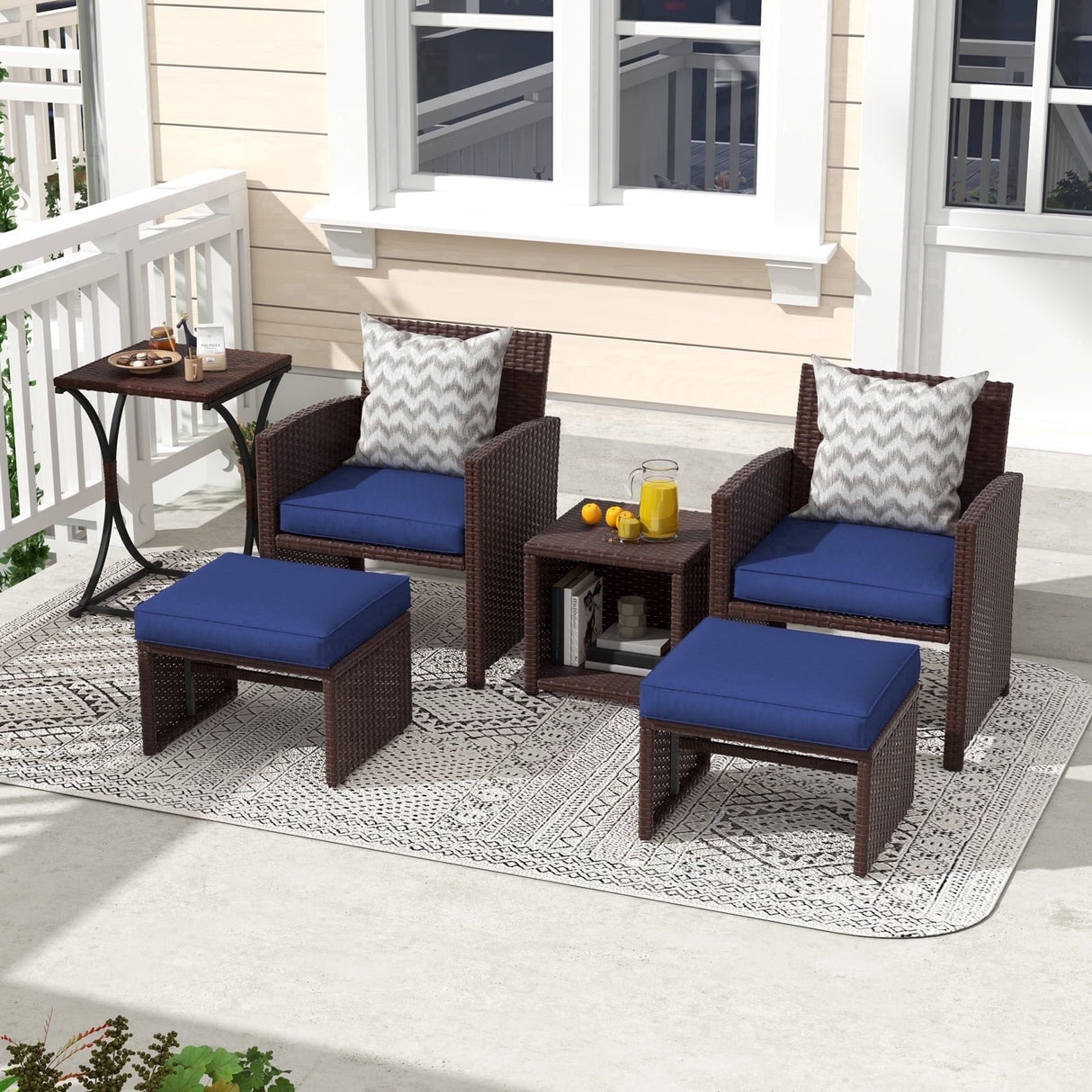 6 Piece Patio Wicker Furniture Set, Rattan Outdoor Chairs, with Cushioned Ottoman, Resin Nesting Table, Modern Design
