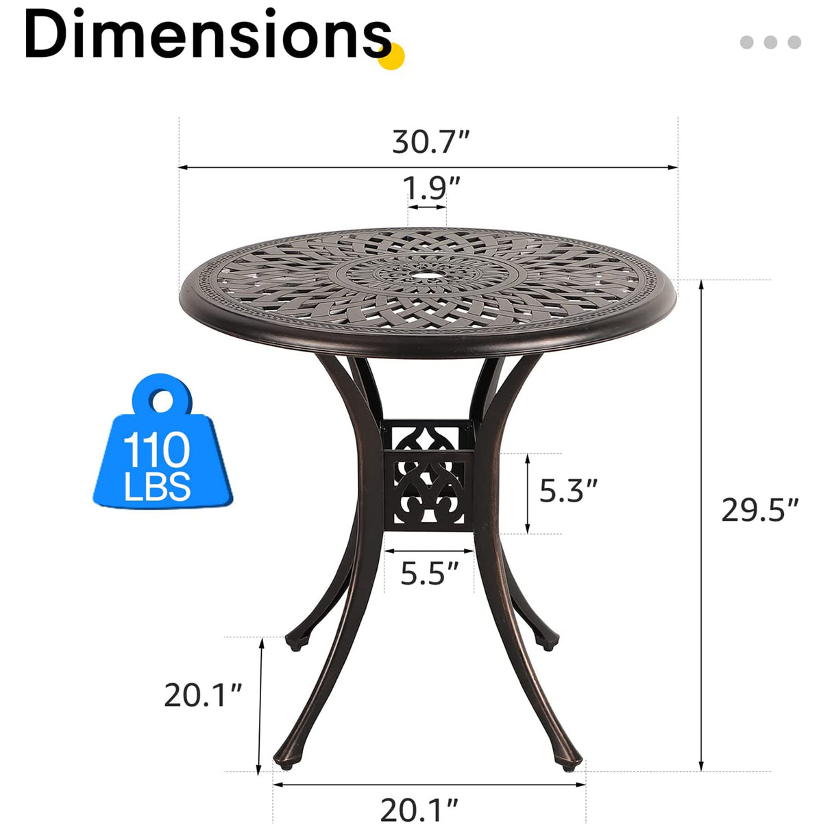 Patio Bistro Table, 31" Round Cast Aluminum Outdoor Dinning Table, Retro Side Table with Umbrella Hole, Antique Bronze