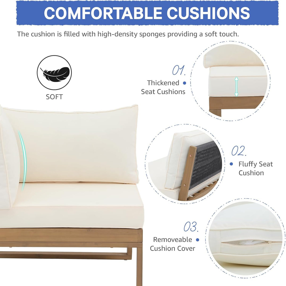 4 Piece Acacia Wood Patio Furniture L-Shaped Outdoor Sectional Sofa Set with Coffee Table, FSC Certified Conversation Set with Built-in Side Table