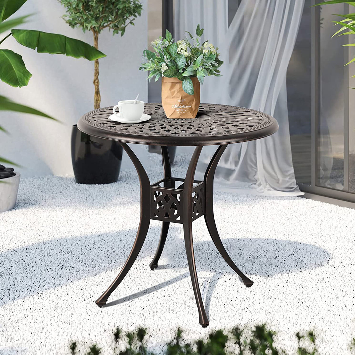 Patio Bistro Table, 31" Round Cast Aluminum Outdoor Dinning Table, Retro Side Table with Umbrella Hole, Antique Bronze