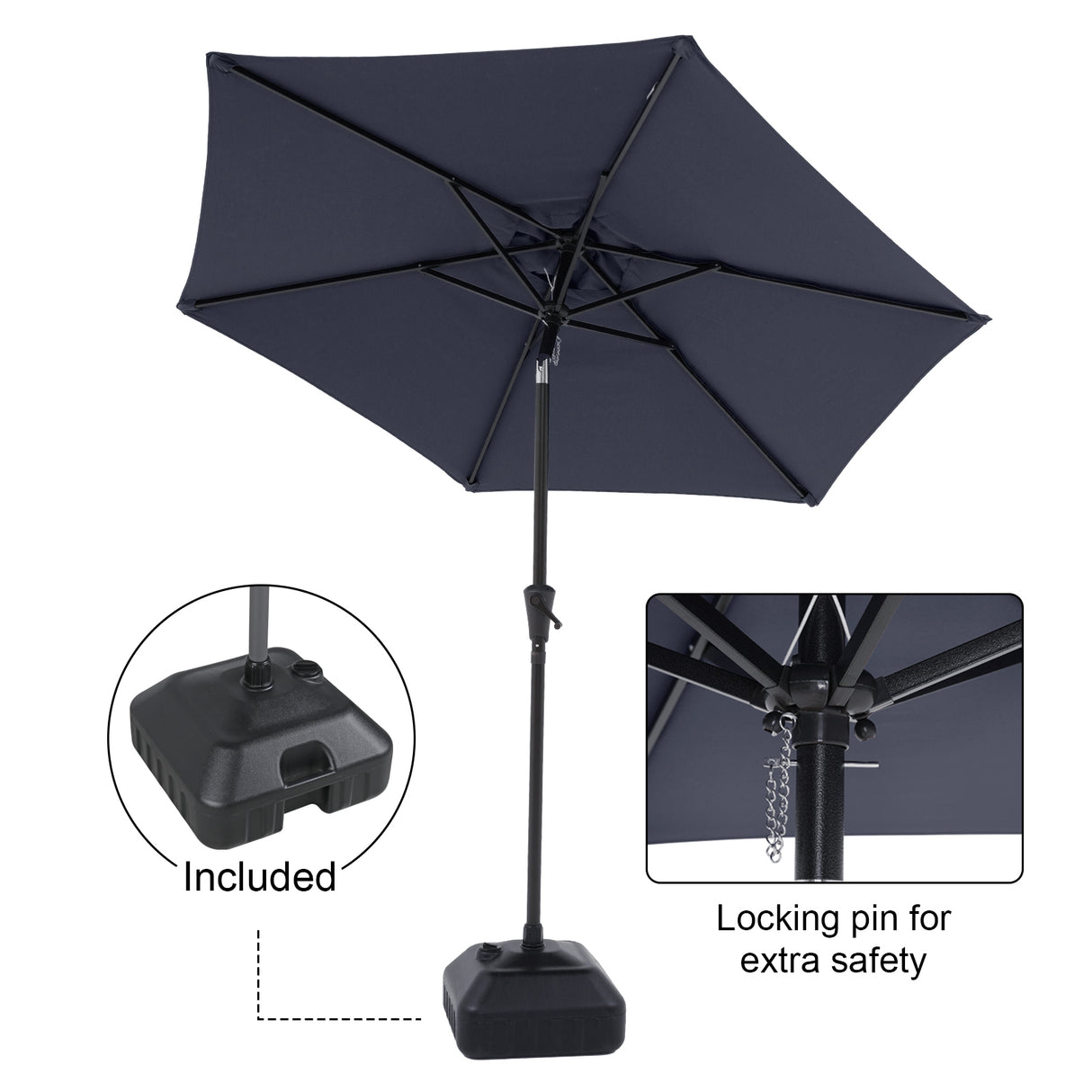 7.5 ft Patio Umbrella with Water or Sand Self-Filled Black Square Base Stand, Outdoor Table Market Umbrella with Push Button Tilt and Crank, 6 Ribs