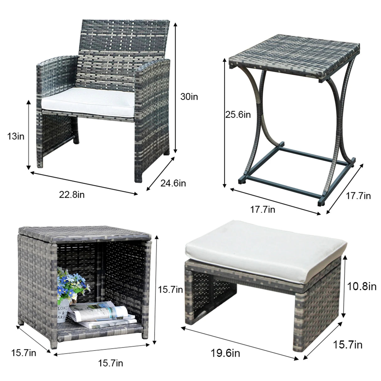 6 Piece Patio Furniture Conversation Set, with Ottoman, Outdoor Grey Wicker Chair and Coffee Table Set
