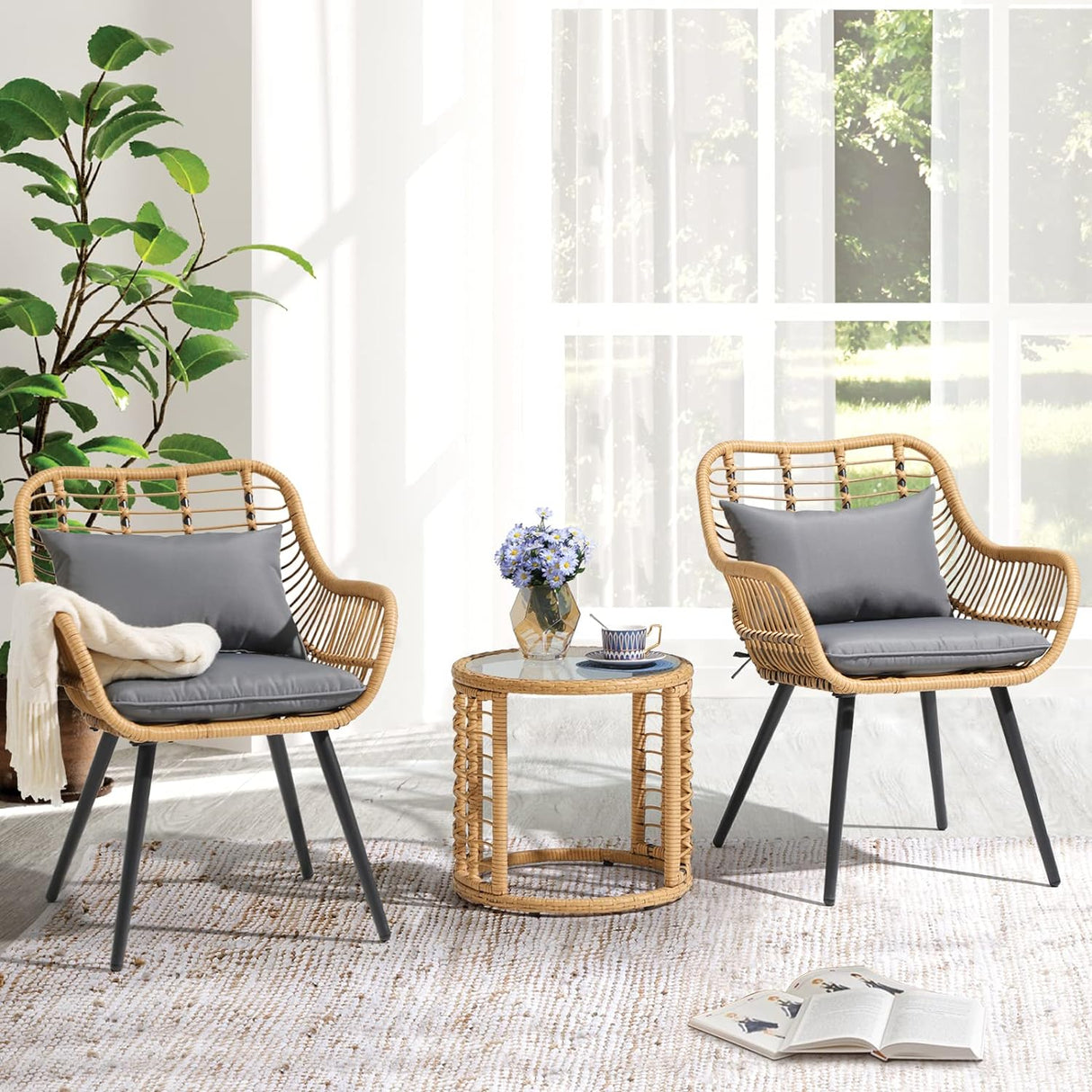 JOIVI 3-Piece Patio Wicker Conversation Set