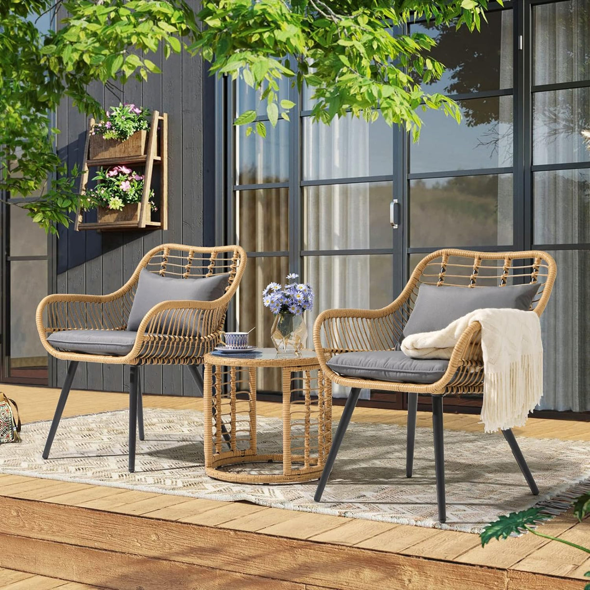 JOIVI 3-Piece Patio Wicker Conversation Set