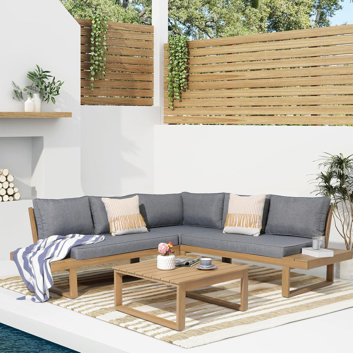 4 Piece Acacia Wood Patio Furniture L-Shaped Outdoor Sectional Sofa Set with Coffee Table, FSC Certified Conversation Set with Built-in Side Table