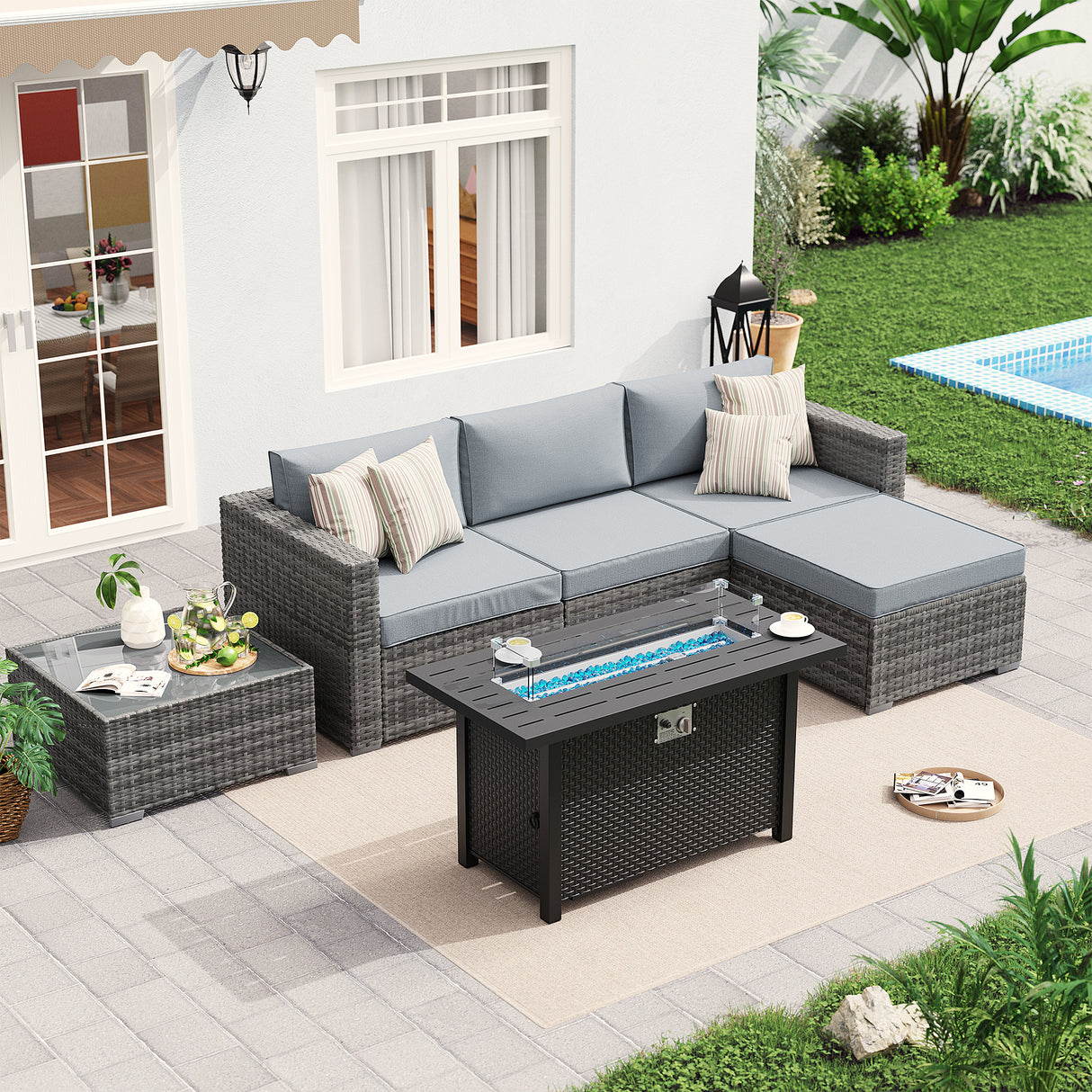 JOIVI 6 Pieces Patio Furniture with Fire Pit Table, PE Wicker Rattan Outdoor Sectional with Propane Fire Pit Table, Patio Conversation Set with ETL Certified Gas Fire Pit Table