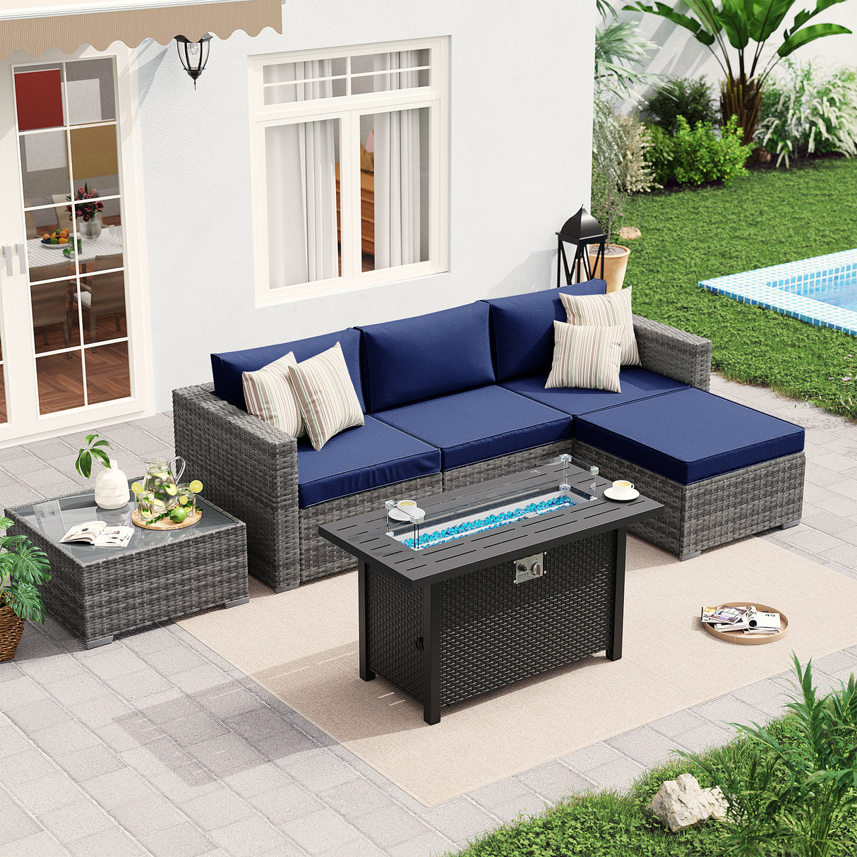 JOIVI 6 Pieces Patio Furniture with Fire Pit Table, PE Wicker Rattan Outdoor Sectional with Propane Fire Pit Table, Patio Conversation Set with ETL Certified Gas Fire Pit Table