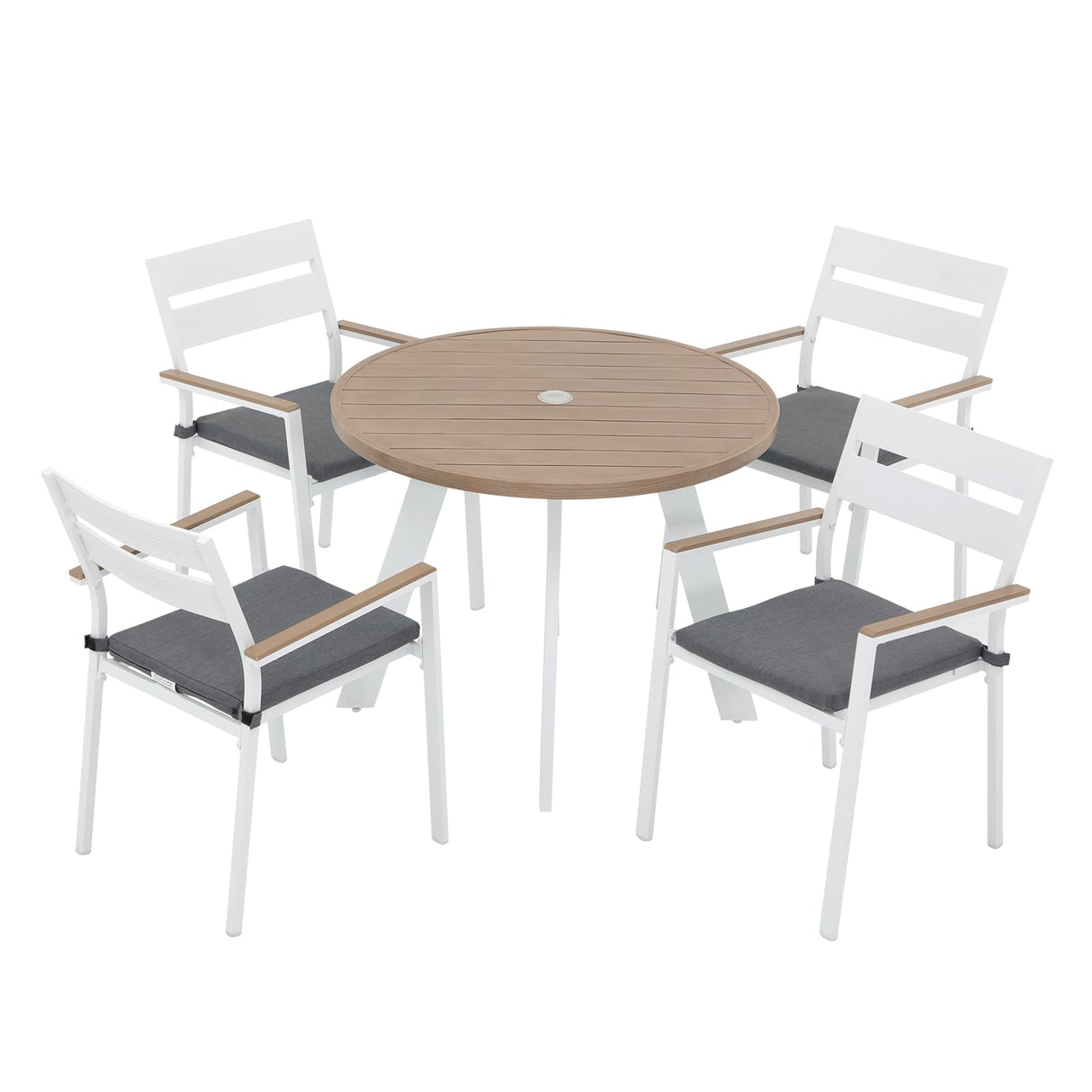 JOIVI Aluminum Patio Furniture Set, 5 Piece Outdoor Conversation Set with Wood Grain Top Dining Table, Stackable Chairs for 4 People, w/2.05” Umbrella Hole, for Deck, Backyard