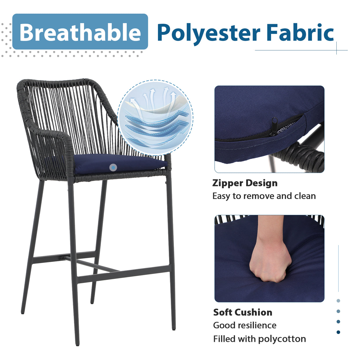 JOIVI Outdoor Wicker Bar Stools, 2 Piece Patio Bar Height Chairs with Cushions