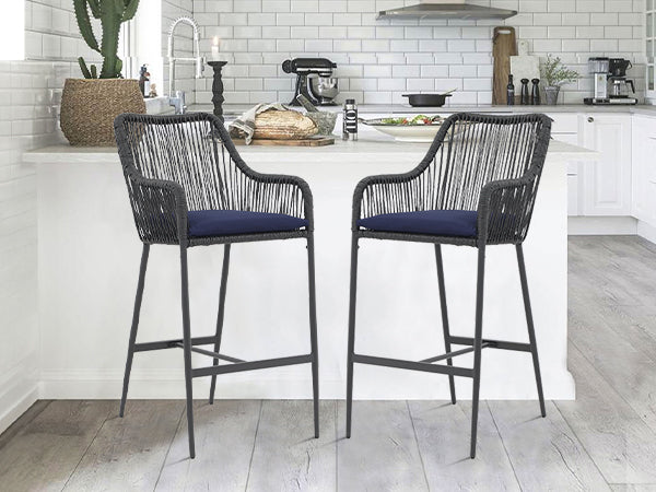 JOIVI Outdoor Wicker Bar Stools, 2 Piece Patio Bar Height Chairs with Cushions