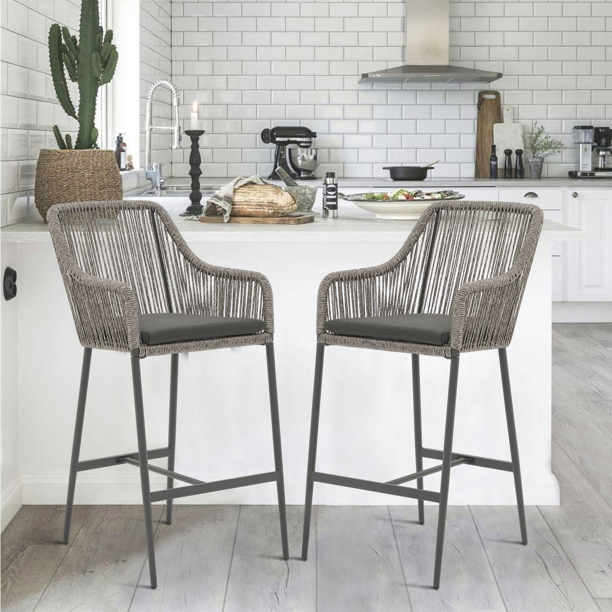 JOIVI Outdoor Wicker Bar Stools, 2 Piece Patio Bar Height Chairs with Cushions