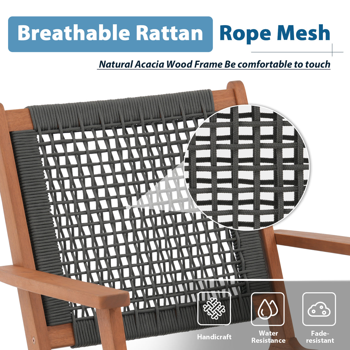 JOIVI Acacia Wood Patio Chair Set of 2, Modern Accent Chairs with Armrest, Reading Armchair with Rope Woven Backrest and Seat