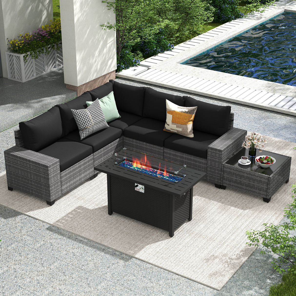 JOIVI 7 Pieces Patio Furniture Set with 45” Fire Pit Table, Rattan Sectional Sofa and Table Set with 50,000 BTU Gas Fire Pit