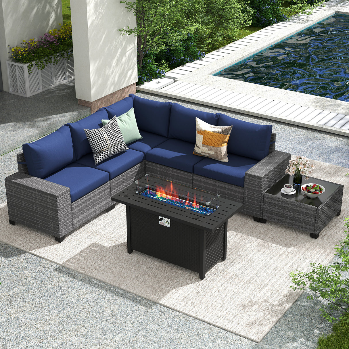JOIVI 7 Pieces Patio Furniture Set with 45” Fire Pit Table, Rattan Sectional Sofa and Table Set with 50,000 BTU Gas Fire Pit