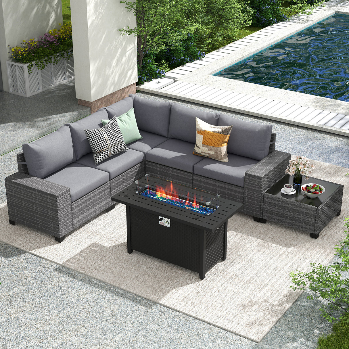 JOIVI 7 Pieces Patio Furniture Set with 45” Fire Pit Table, Rattan Sectional Sofa and Table Set with 50,000 BTU Gas Fire Pit