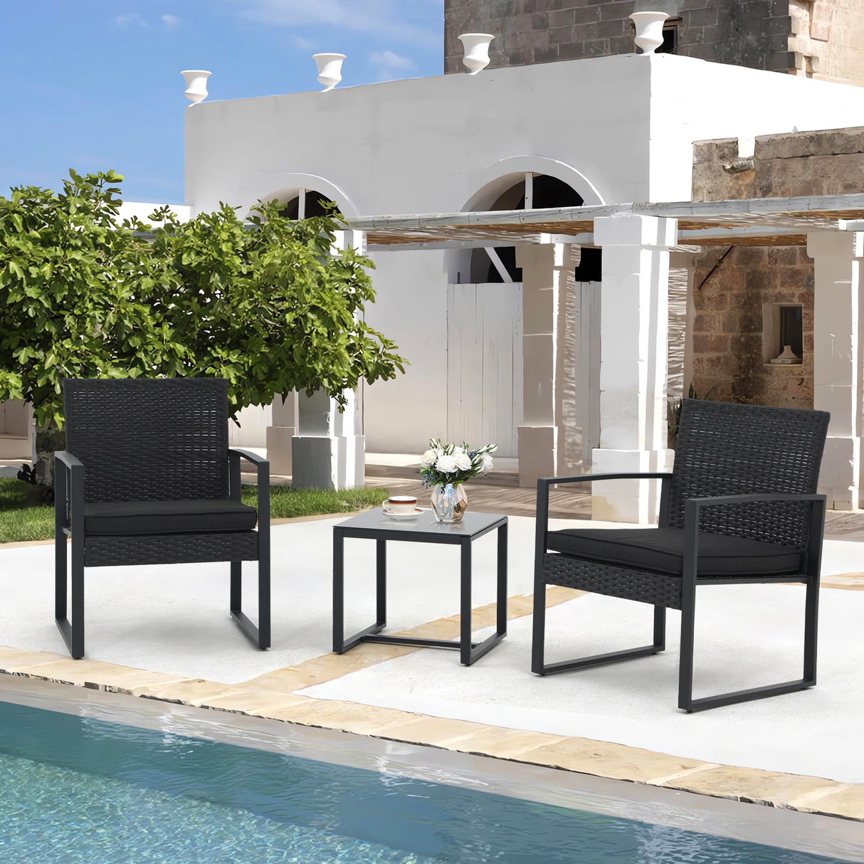 JOIVI 3 Pieces Wicker Patio Bistro Set, Outdoor Rattan Furniture Conversation Set with Tempered Glass Top Table