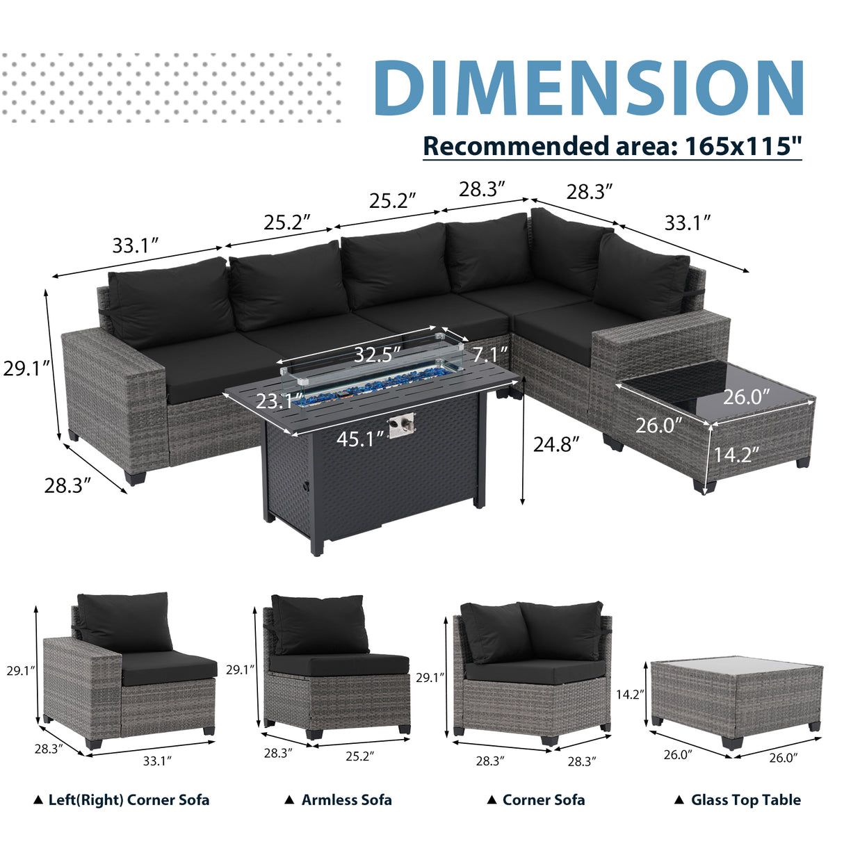 JOIVI 7 Pieces Patio Furniture Set with 45” Fire Pit Table, Wicker Outdoor Conversation Set with Cushions, Rattan Sectional Sofa and Table Set with 50,000 BTU Gas Fire Pit