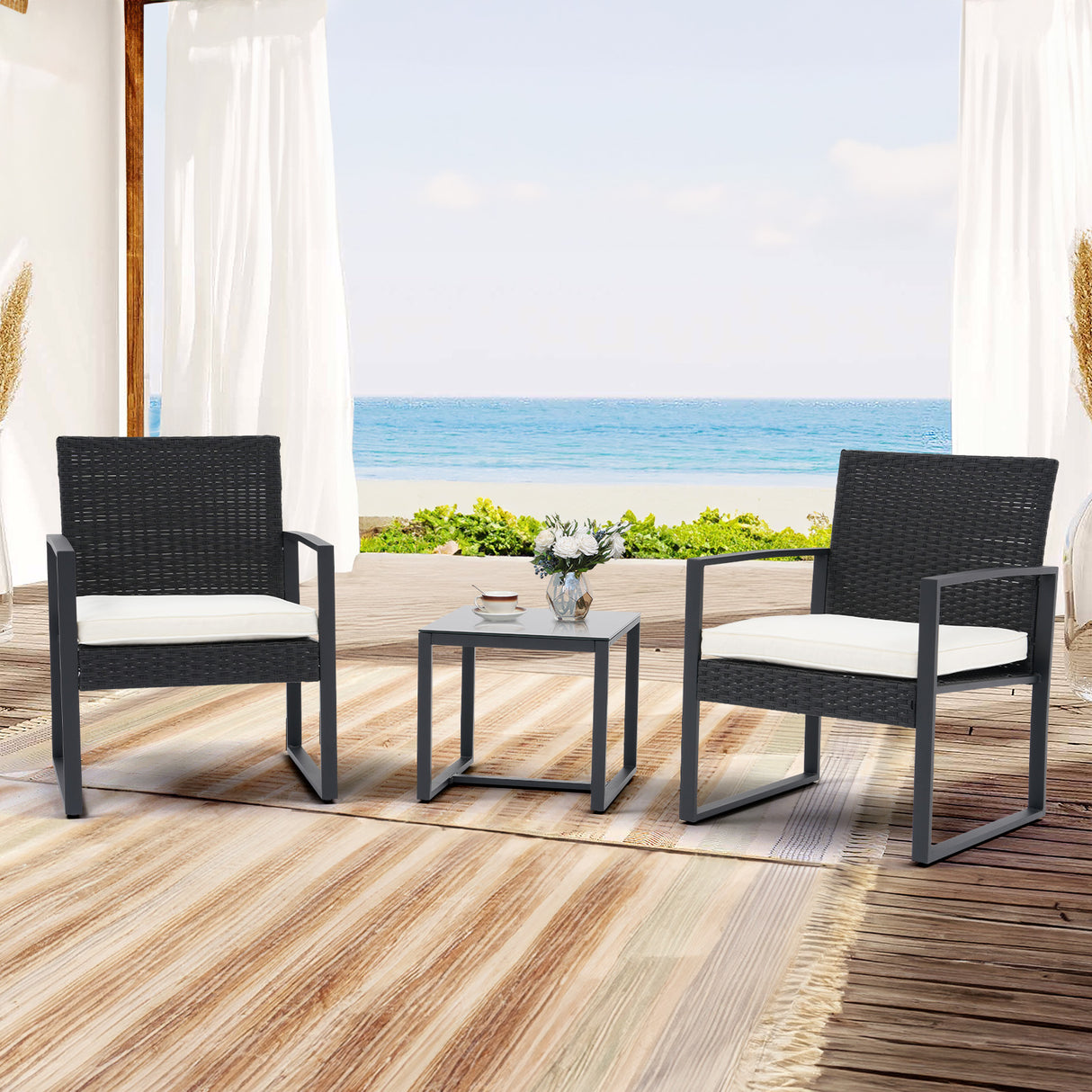 JOIVI 3 Pieces Wicker Patio Bistro Set, Outdoor Rattan Furniture Conversation Set with Tempered Glass Top Table
