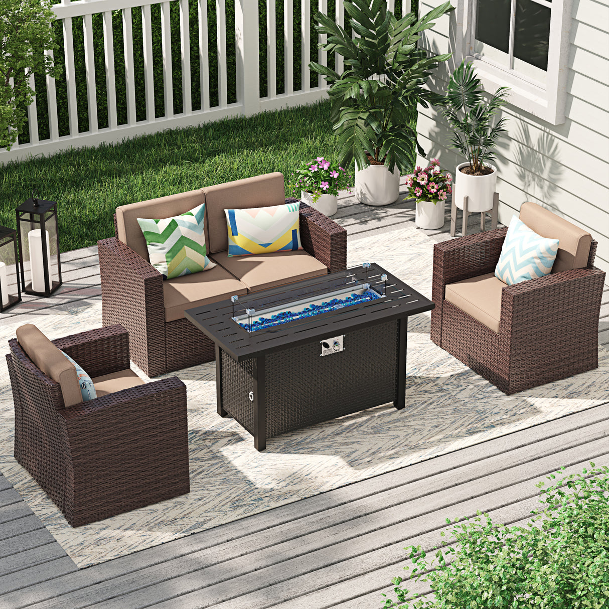 JOIVI 4 Pieces Patio Furniture with Fire Pit Table, PE Wicker Rattan Outdoor Sectional with Propane Fire Pit Table, Patio Conversation Set with ETL Certified Gas Fire Pit Table