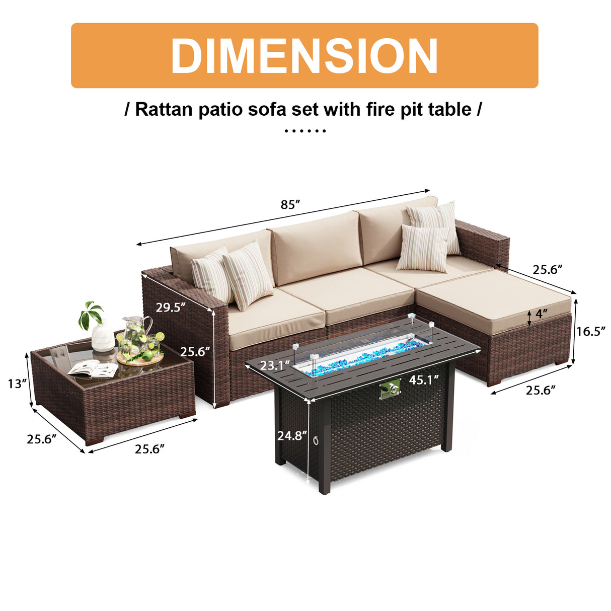 JOIVI 6 Pieces Patio Furniture with Fire Pit Table, PE Wicker Rattan Outdoor Sectional with Propane Fire Pit Table, Patio Conversation Set with ETL Certified Gas Fire Pit Table