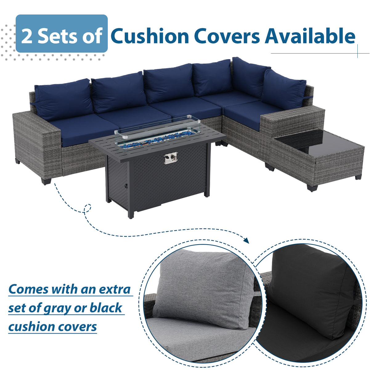 JOIVI 7 Pieces Patio Furniture Set with 45” Fire Pit Table, Wicker Outdoor Conversation Set with Cushions, Rattan Sectional Sofa and Table Set with 50,000 BTU Gas Fire Pit