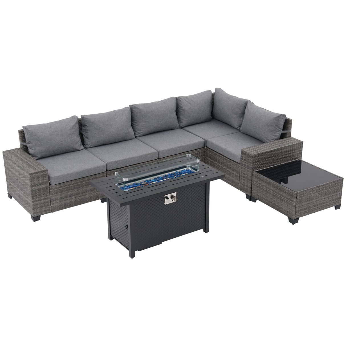 JOIVI 7 Pieces Patio Furniture Set with 45” Fire Pit Table, Wicker Outdoor Conversation Set with Cushions, Rattan Sectional Sofa and Table Set with 50,000 BTU Gas Fire Pit