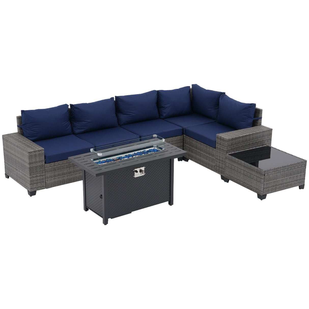 JOIVI 7 Pieces Patio Furniture Set with 45” Fire Pit Table, Wicker Outdoor Conversation Set with Cushions, Rattan Sectional Sofa and Table Set with 50,000 BTU Gas Fire Pit